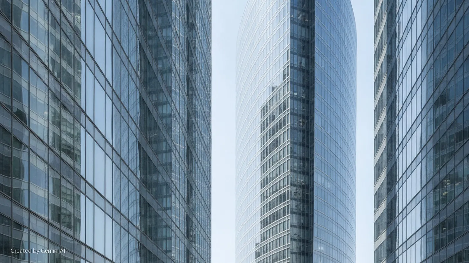 Three modern glass skyscrapers, with a curved central building, reflect a clear sky in bright daylight.