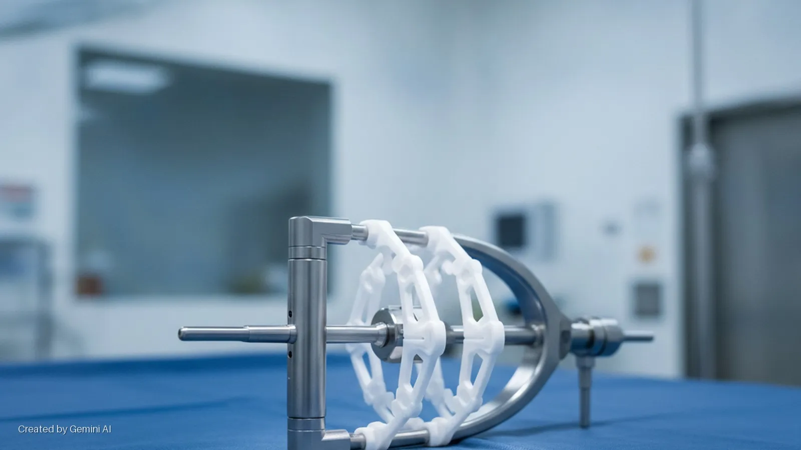 A polished metal mechanism with white, interconnected lattice components rests on a blue surface in a brightly lit, blurred laboratory background.
