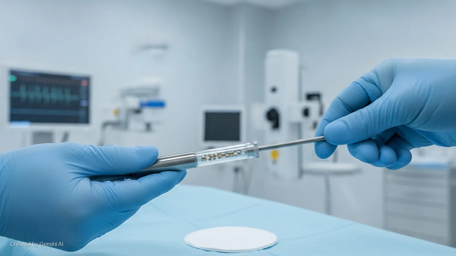 Two hands in blue surgical gloves hold a medical device with a transparent chamber filled with small components, above a blue surgical drape in a brightly lit operating room with a vital signs monitor and medical equipment in the background