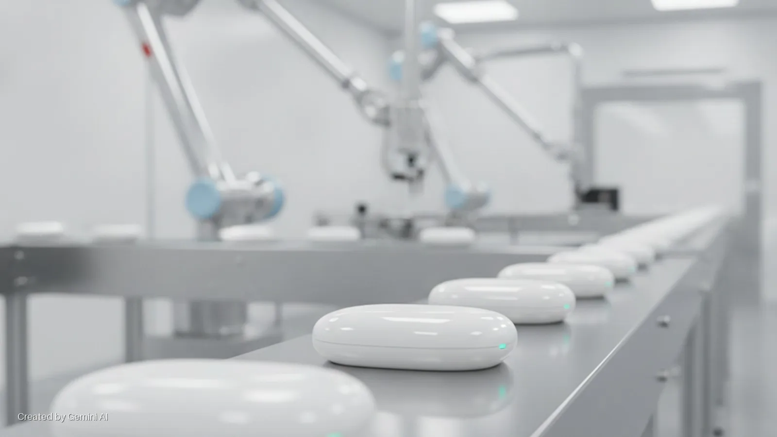 White, oval-shaped devices with blue-green lights move along a metallic conveyor belt in a brightly lit cleanroom, with robotic arms operating in the blurred background.