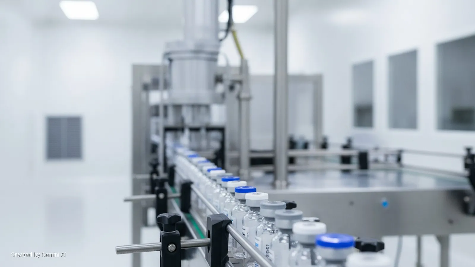 Rows of glass vials with various colored caps move along an automated conveyor belt in a brightly lit, sterile pharmaceutical production facility.
