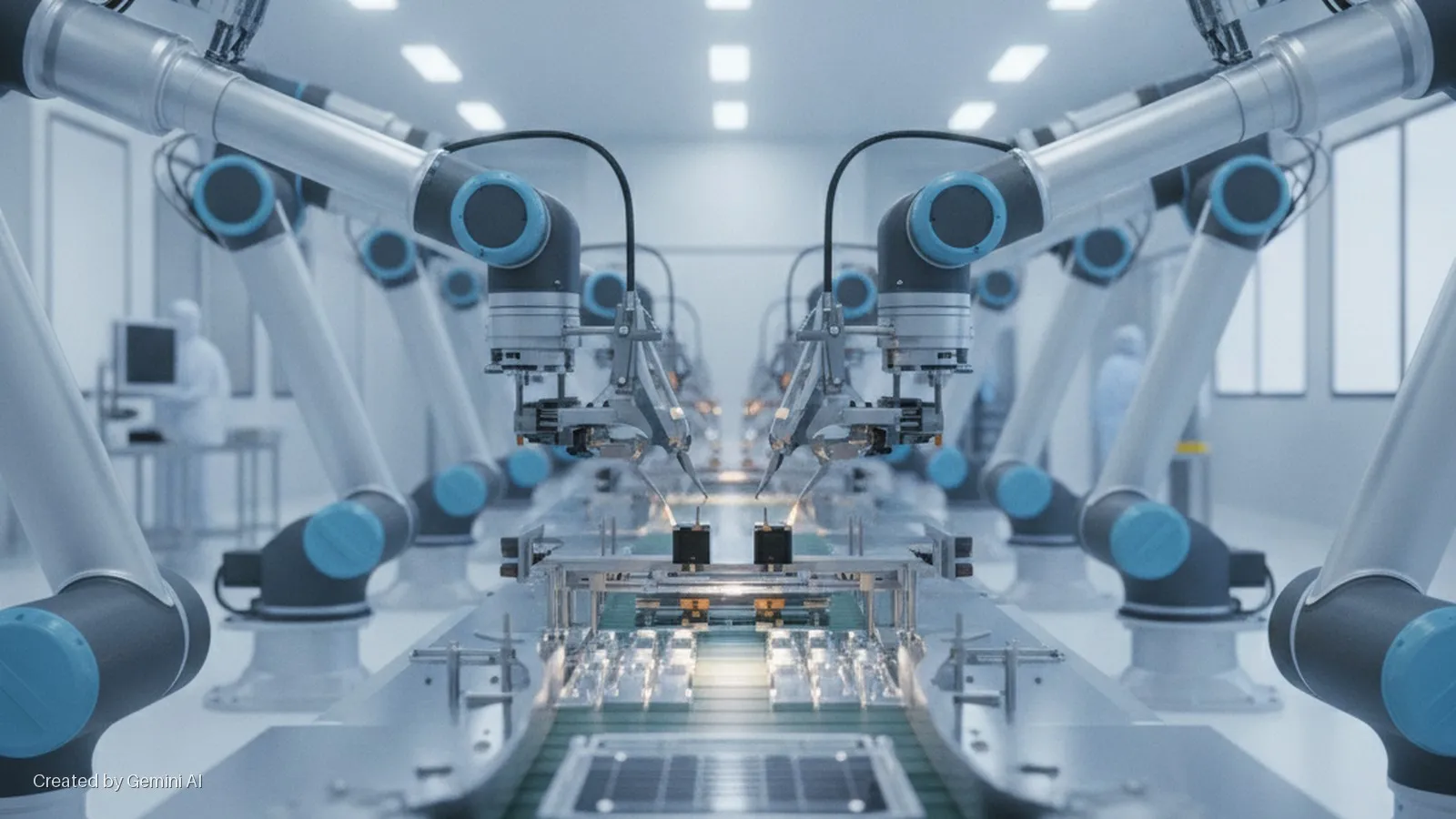 Robotic arms with blue accents assemble electronic components on a conveyor belt in a brightly lit cleanroom, with human workers in protective suits visible in the background.