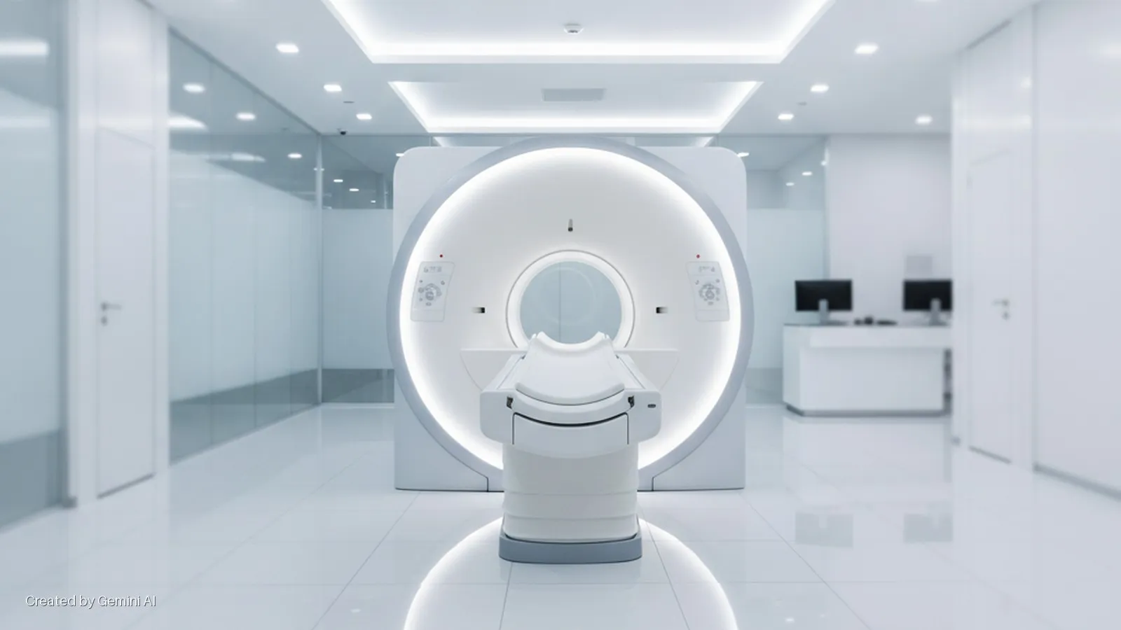 A brightly lit, modern medical room featuring a large white MRI or CT scanner with an attached patient bed, glass walls, and a reception desk with computers in the background.