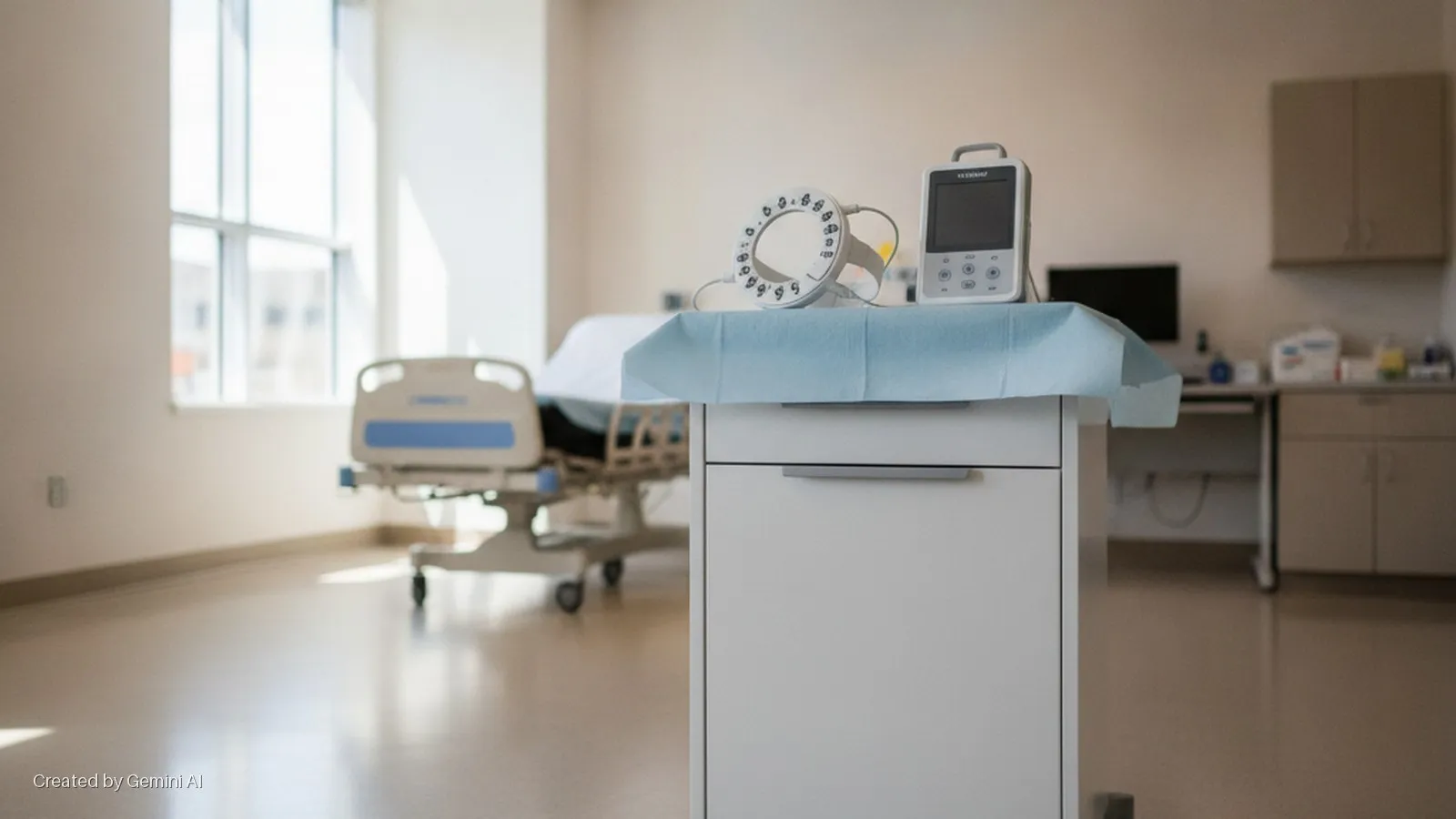 A bright hospital room with a medical bed on the left, and a mobile medical cart in the foreground topped with a circular transducer and a monitor on a blue sheet, lit by sunlight from a large window.