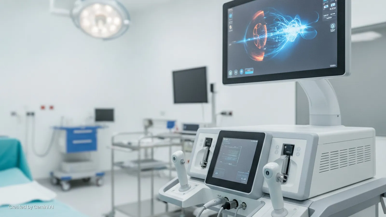A brightly lit operating room features a modern surgical workstation with dual joysticks and a large monitor displaying an eye graphic, alongside a surgical lamp, medical carts, and a patient bed in the background.