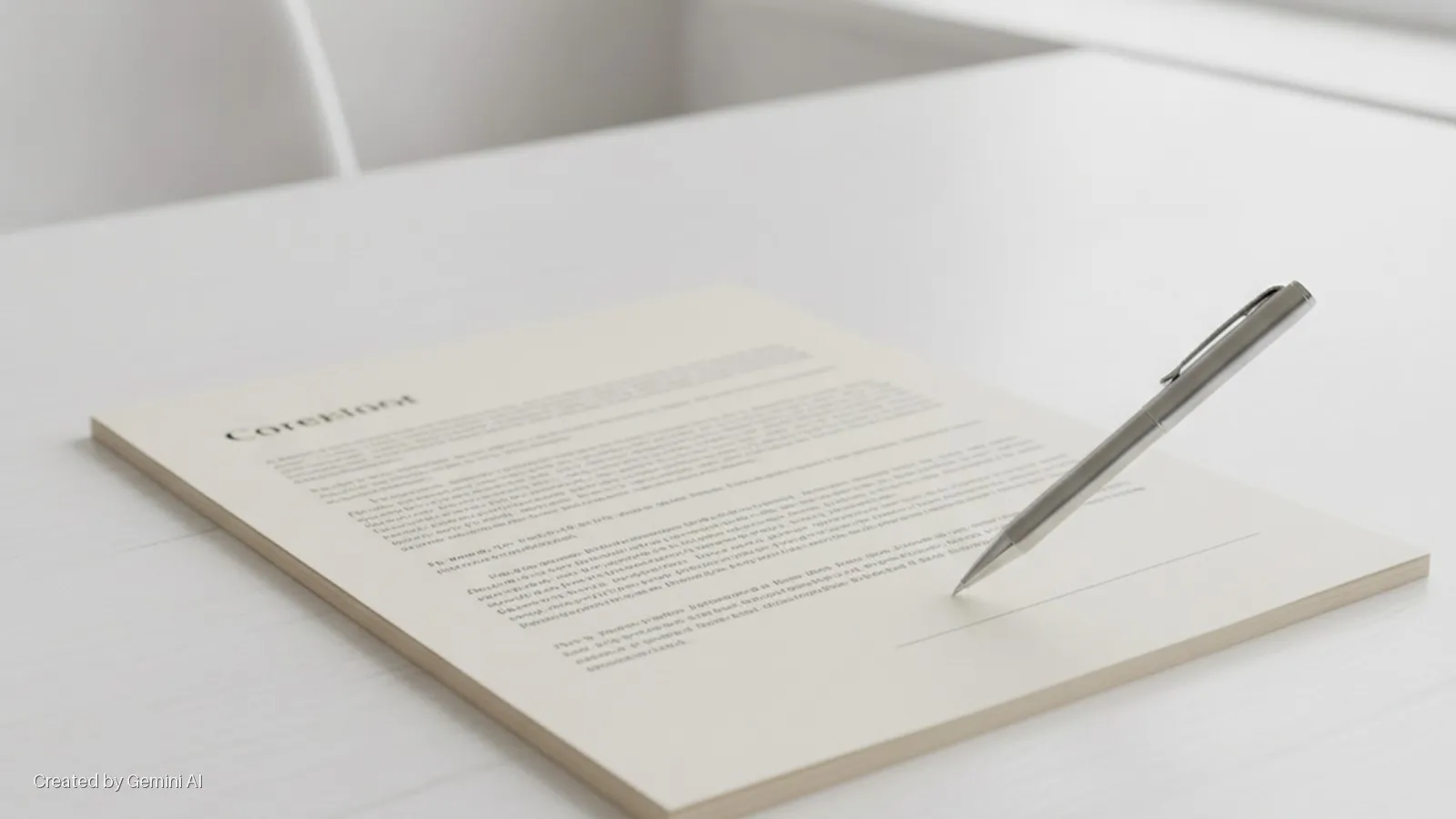 A silver pen touches a stack of off-white documents on a white wooden table, illuminated by bright, soft light.