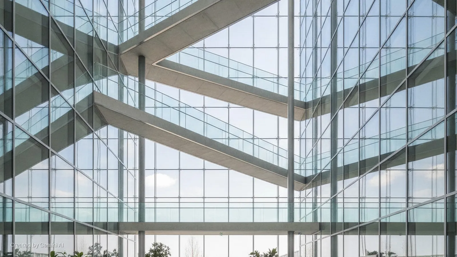 Bright, naturally lit modern building interior featuring a transparent glass wall and diagonal concrete walkways with glass railings.