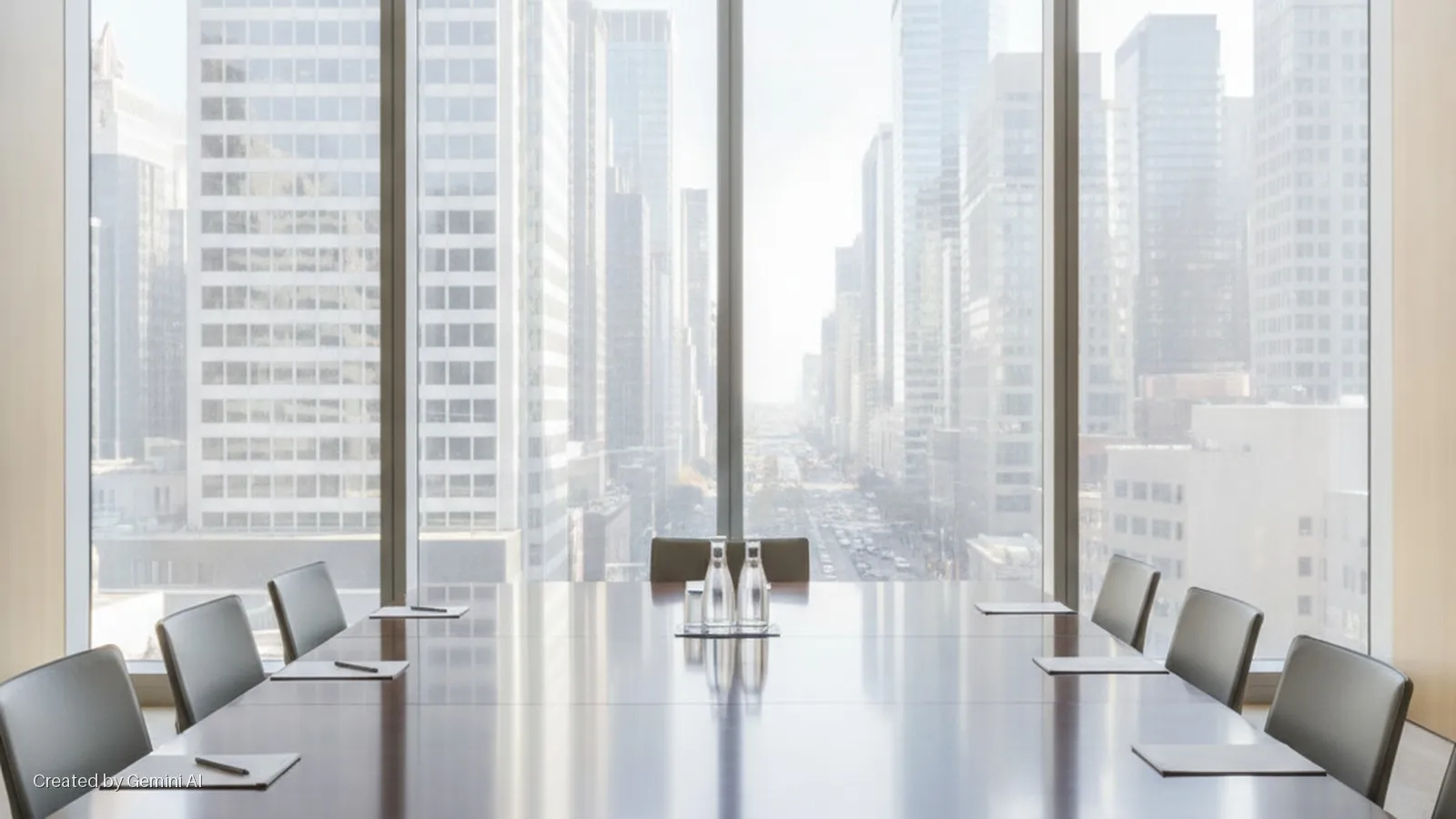 A bright conference room features a long wooden table set with chairs, papers, pens, and water bottles, offering a view of a bustling city street and numerous skyscrapers through large windows.