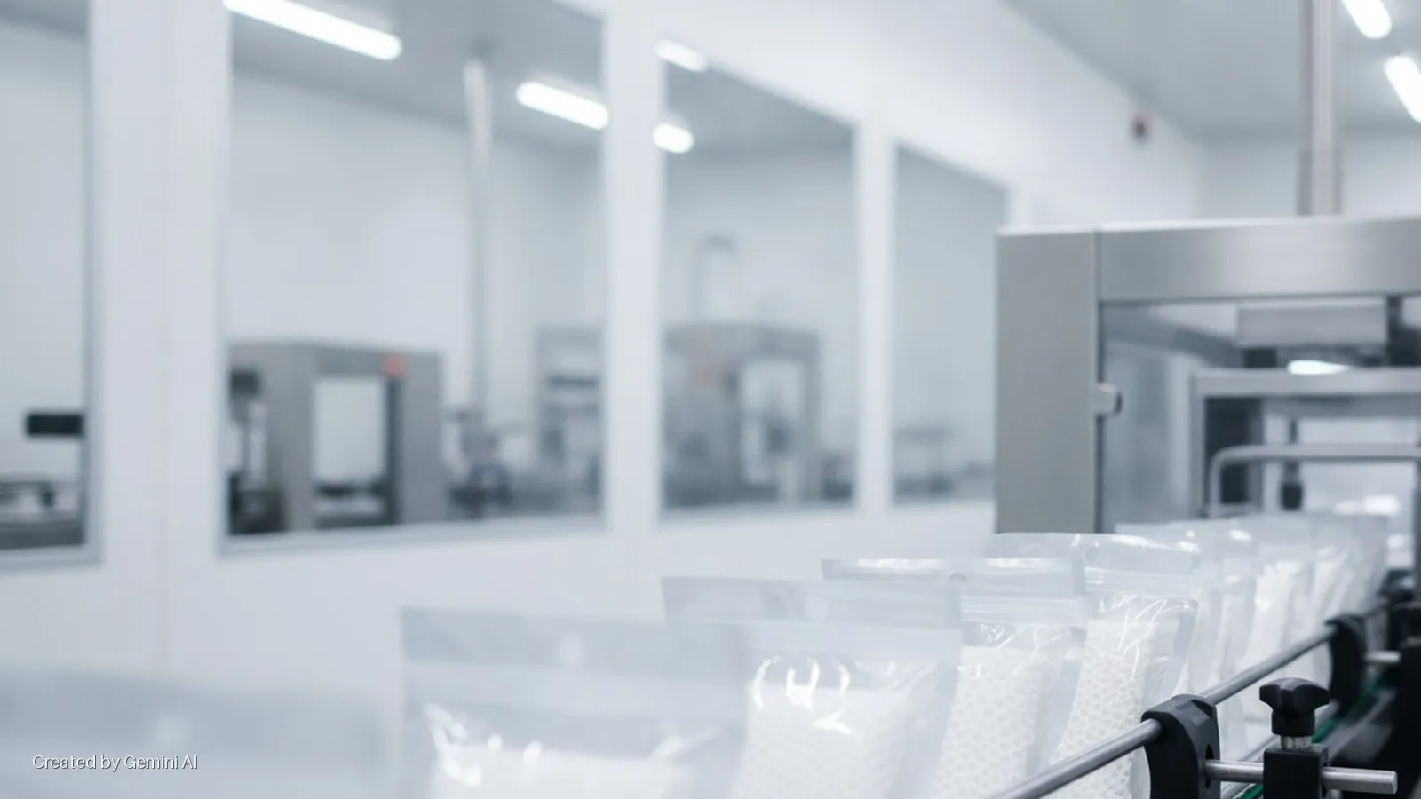 Clear pouches filled with white spheres move along a conveyor belt in a brightly lit clean room factory featuring industrial machinery and large windows.