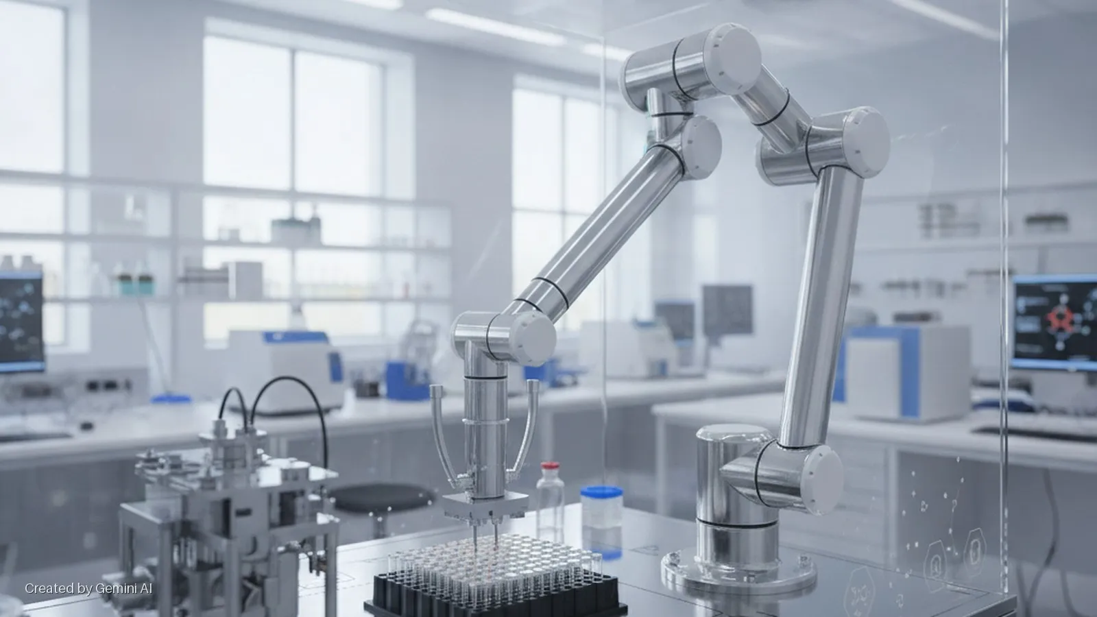 A bright, modern laboratory features a silver robotic arm dispensing into a microplate, with scientific instruments, computer monitors, and large windows in the background.