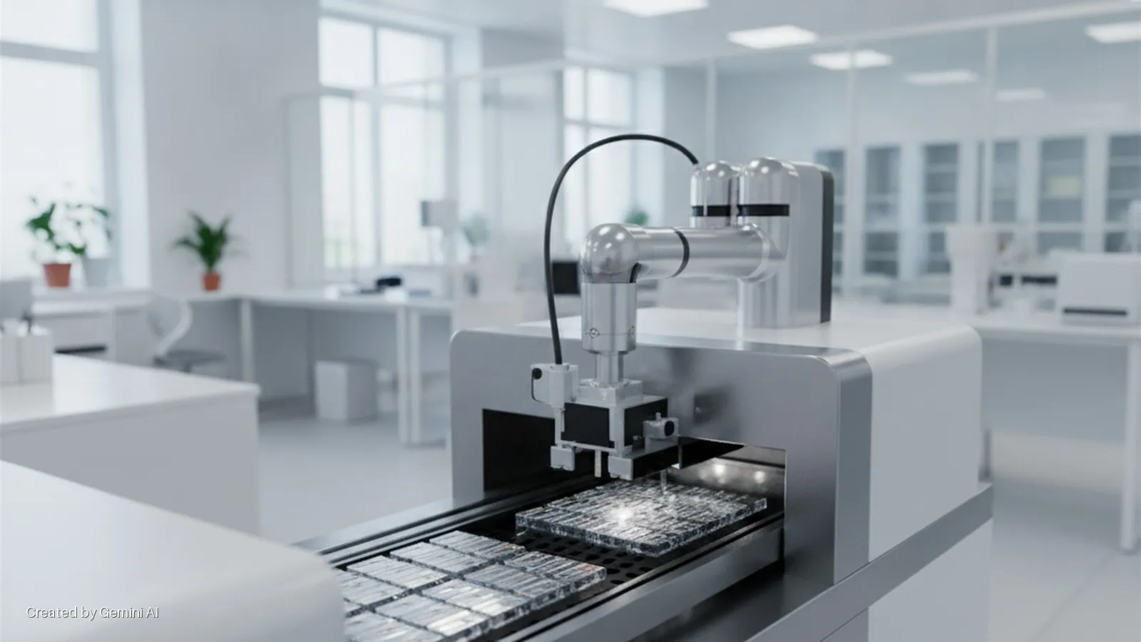 A robotic arm operates on trays of microplates moving along a conveyor belt in a bright, modern laboratory featuring windows, potted plants, and white lab furniture.