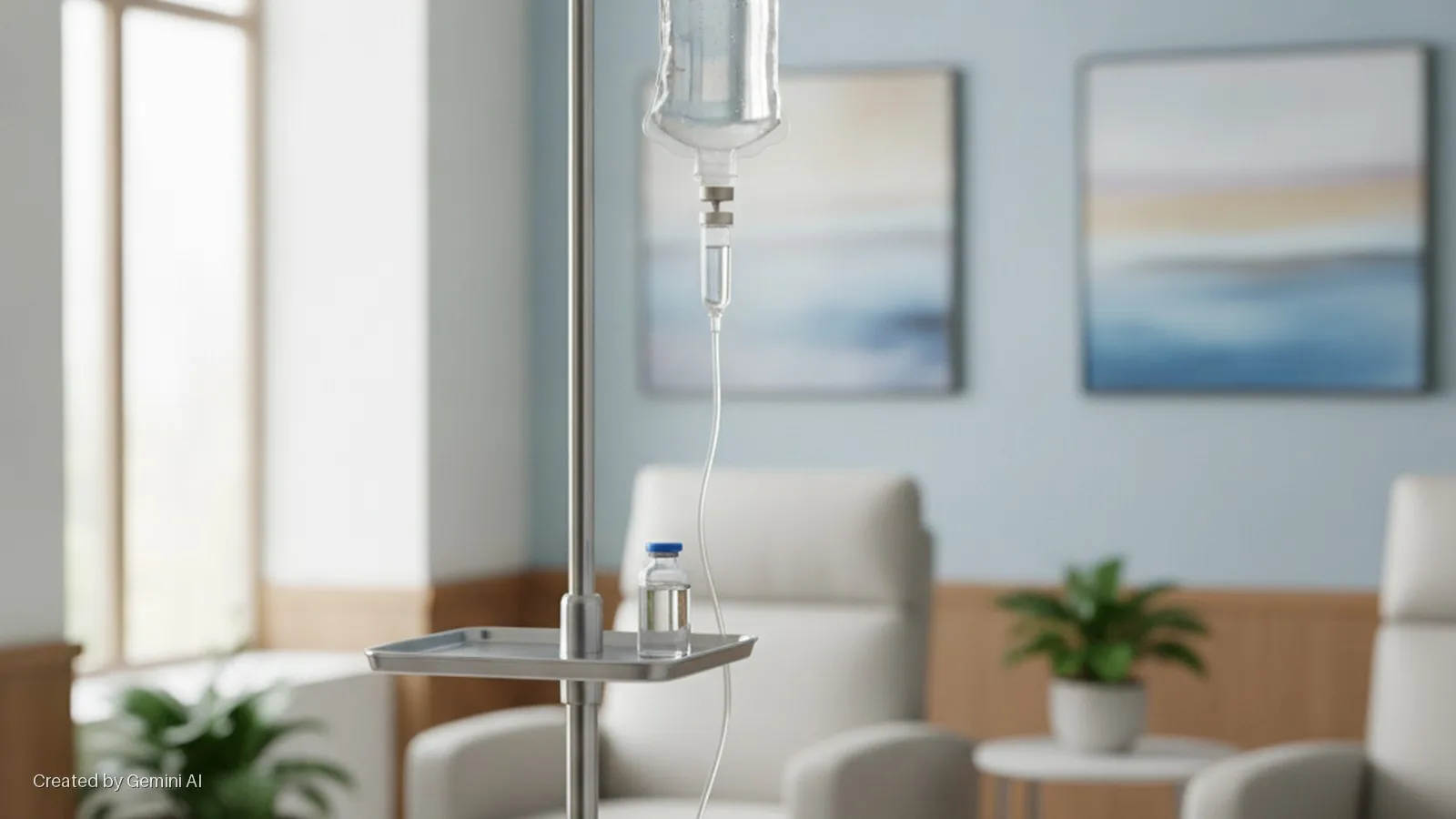 An IV pole with a hanging fluid bag and a medical vial on its tray stands in the foreground of a brightly lit medical infusion room with recliners, a large window, and abstract paintings on a light blue wall.