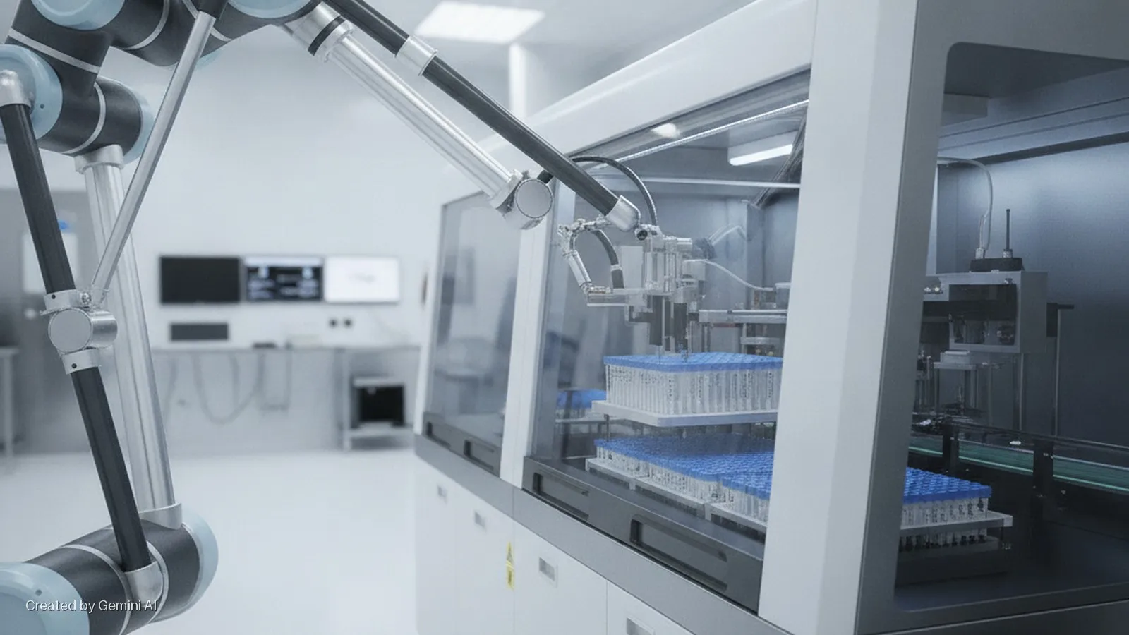 A light blue and black robotic arm is positioned in a brightly lit, modern laboratory, next to an automated system containing multiple racks of test tubes.