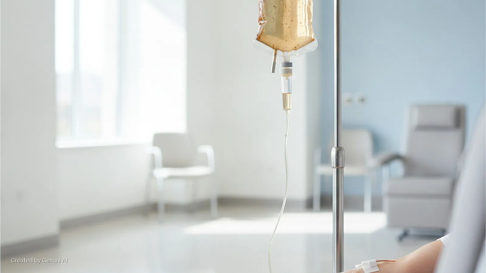 An IV bag with golden liquid drips into a person's arm, brightly lit by a large window in a clean hospital room with several chairs in the background.