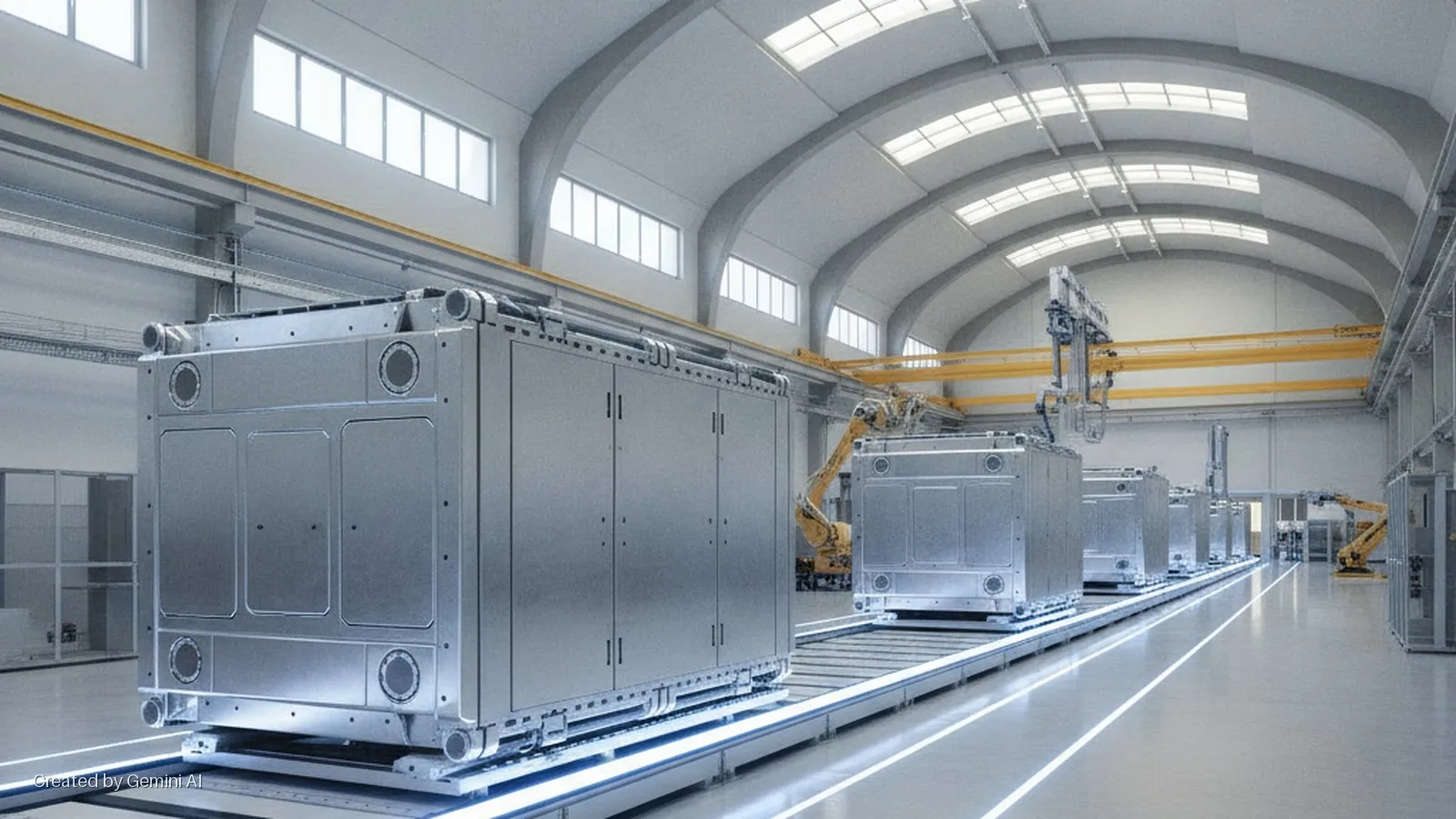 Large industrial modules move along an illuminated automated track in a brightly lit factory with high arched ceilings, overhead cranes, and robotic arms.