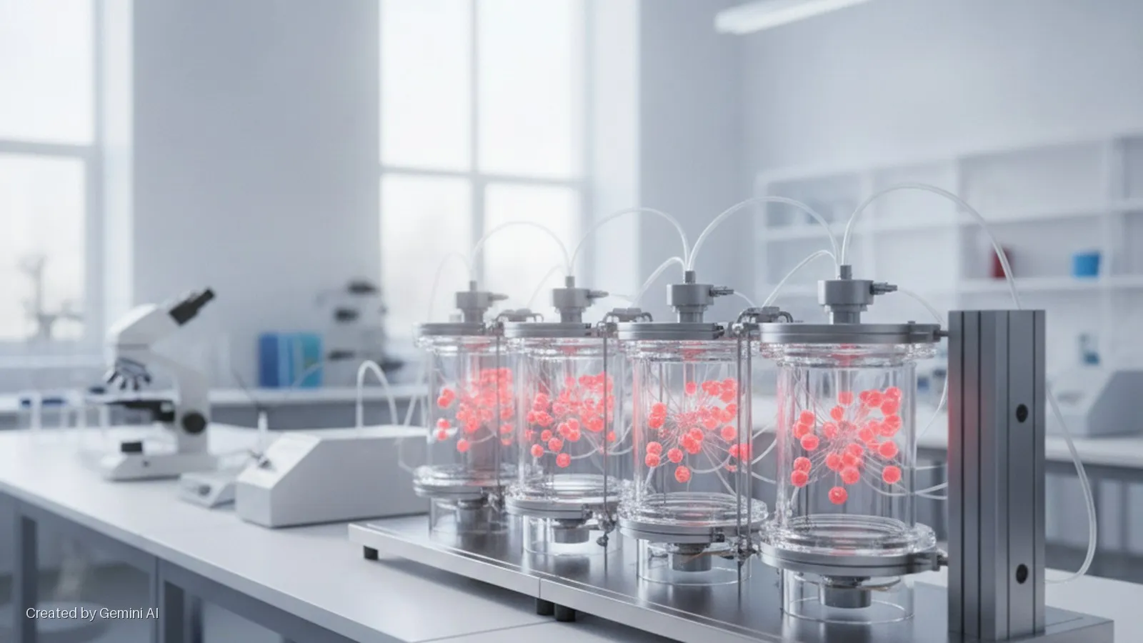 A bright, modern laboratory features a row of five transparent bioreactor vessels containing glowing red spherical structures connected by clear tubing, with a microscope and other scientific equipment on white lab benches.