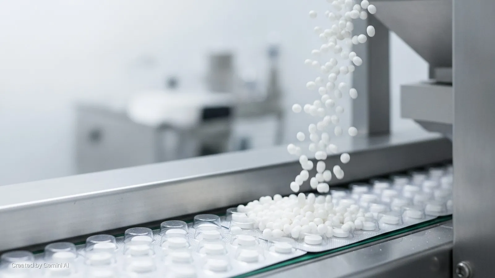 White pills fall onto blister packs moving along a conveyor belt in a brightly lit pharmaceutical manufacturing facility.