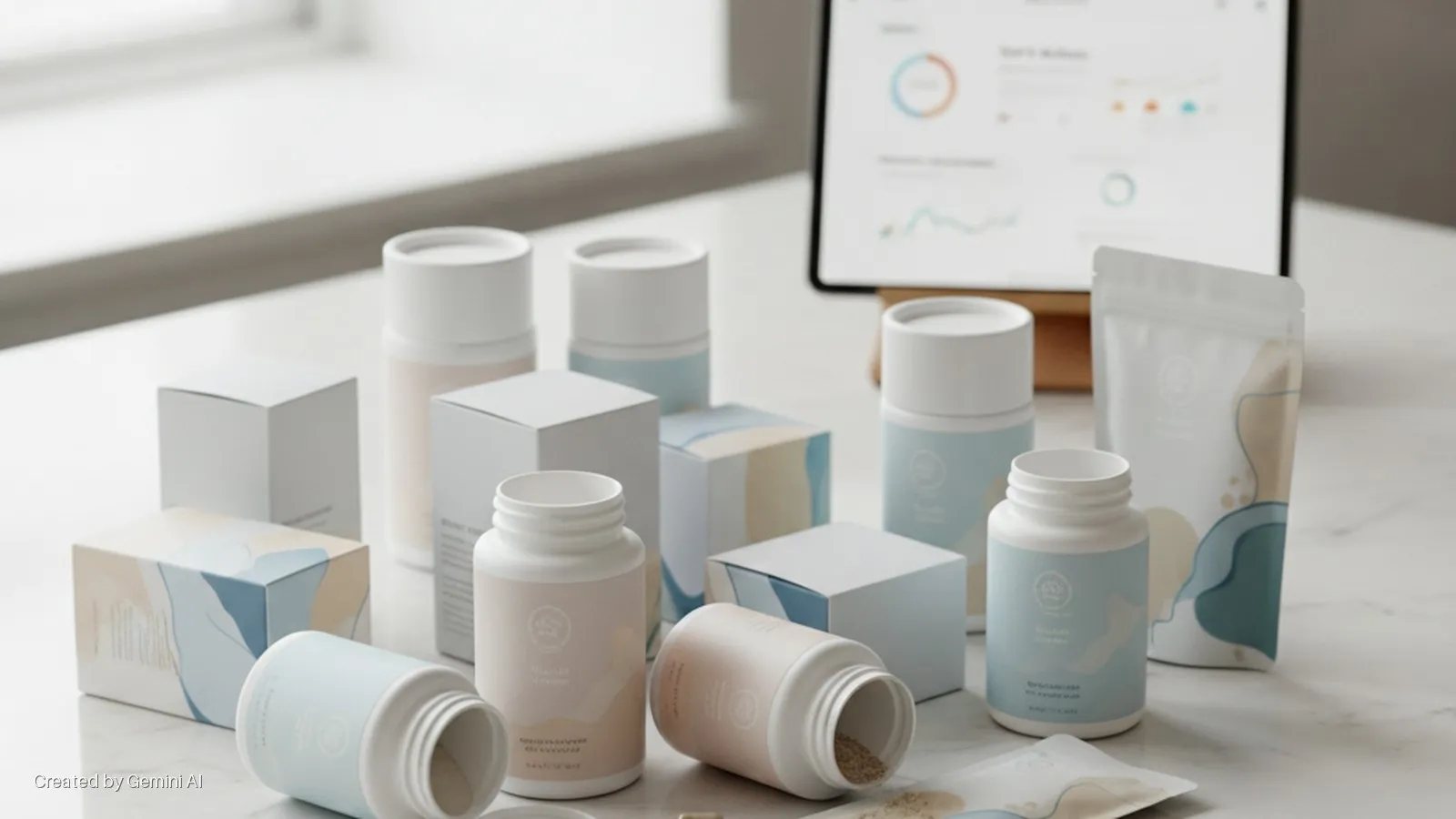 White supplement bottles, some open and spilling powder, alongside matching boxes and a pouch with soft pastel abstract designs, are arranged on a light countertop, with a tablet displaying graphs in the blurred background, all under bright