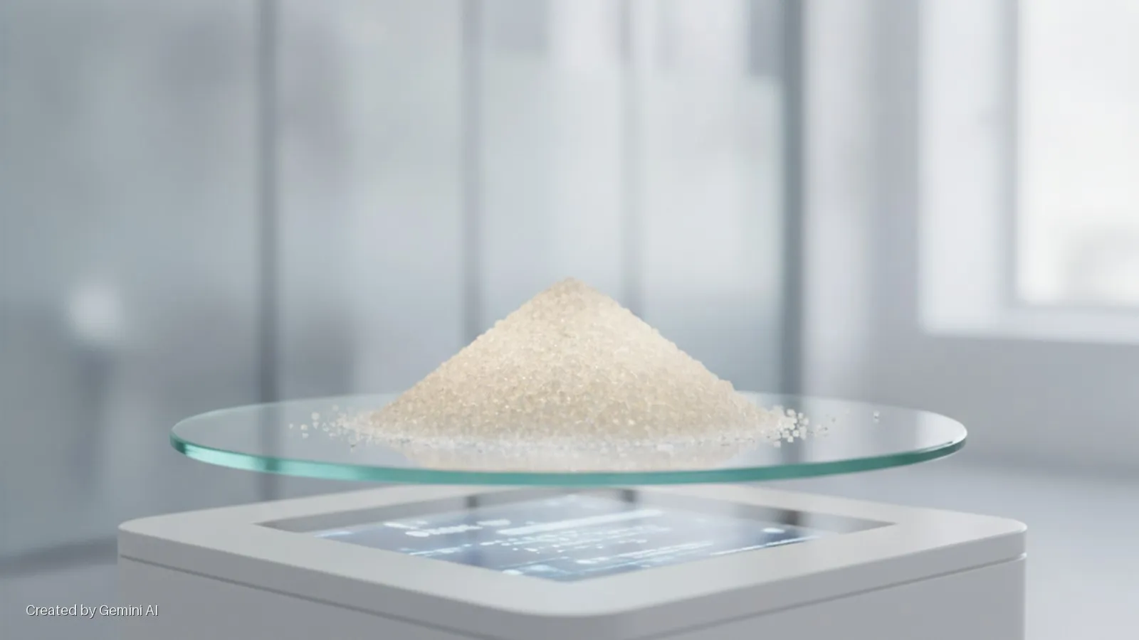 A mound of crystalline sugar sits on a clear glass plate, placed on a white digital scale with an illuminated data display, in a brightly lit, modern laboratory setting.