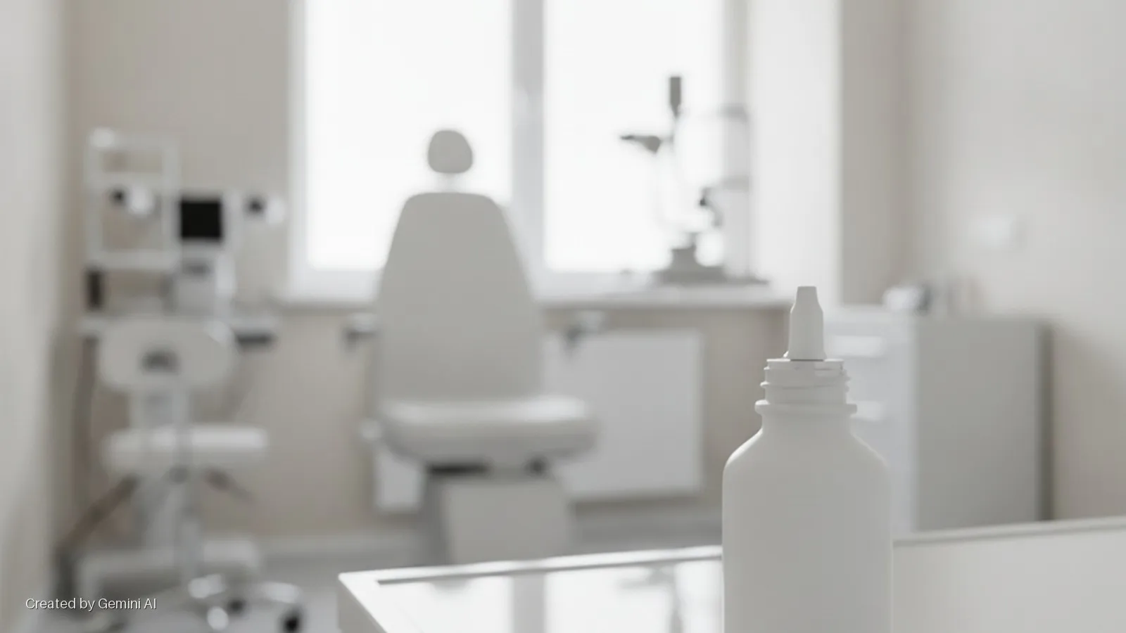 A white eyedropper bottle stands in sharp focus on a table in the foreground, with a blurred eye clinic examination room featuring an ophthalmologist's chair, medical equipment, and a bright window in the background, illuminated by natural 