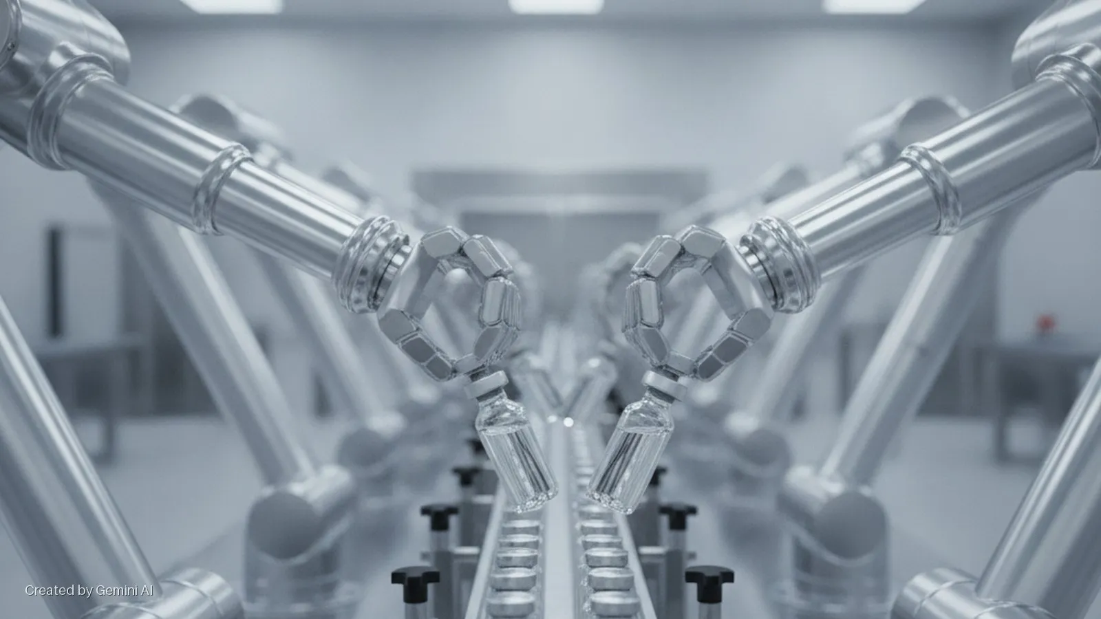 Metallic robotic arms hold glass vials above a conveyor belt in a brightly lit, sterile industrial setting.