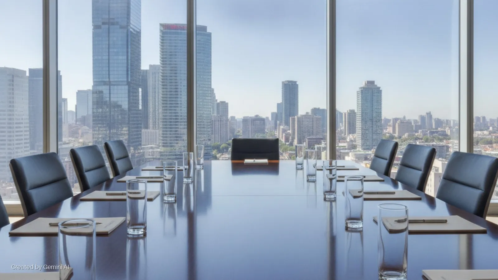 A bright, high-rise conference room features a long table with black leather chairs, glasses, notepads, and pens, overlooking a sunny urban skyline filled with skyscrapers.