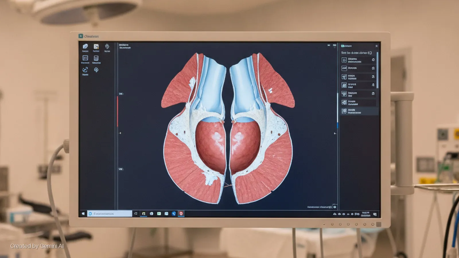 A medical monitor displays a detailed anatomical cross-section with an interface in a brightly and uniformly lit operating room, showing various surgical equipment in the blurred background.