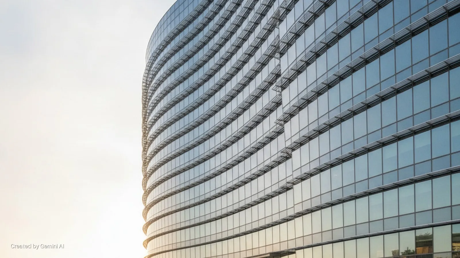 Sleek, curved glass building with horizontal shading elements reflects a bright, light-toned sky.