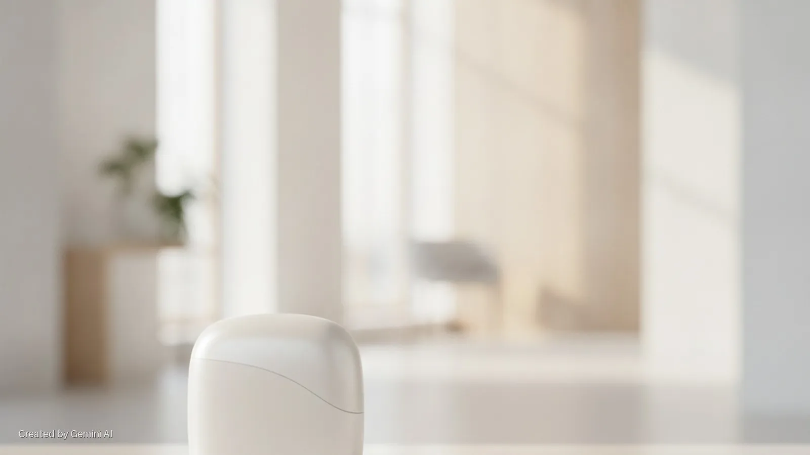 A white, rounded device rests on a light surface in a brightly lit, modern room with a blurred background showing a plant on a wooden table and large windows.