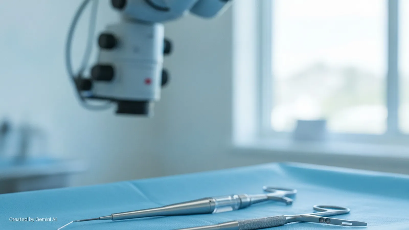 A curved-tip surgical instrument and surgical forceps rest on a blue sterile drape in a brightly lit medical room, with a surgical microscope in the background and a window to the right.