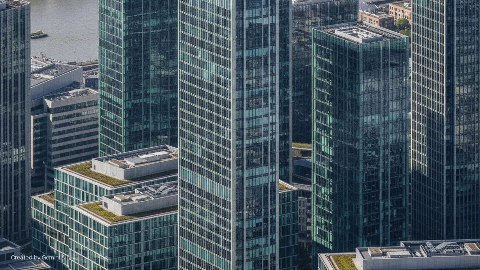 Aerial view of a city skyline featuring modern glass skyscrapers and tiered buildings with green roofs, with a river and boat in the background, under bright daylight.