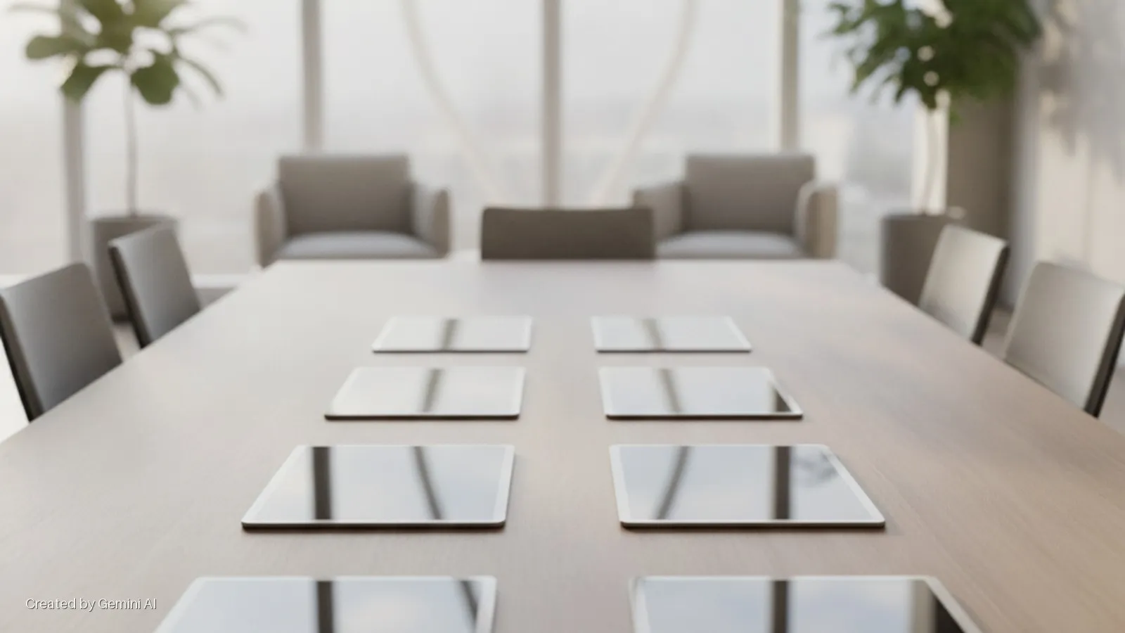A brightly lit modern conference room with a long wooden table displaying multiple grey tablets, surrounded by office chairs, with blurred potted plants and armchairs in the background.