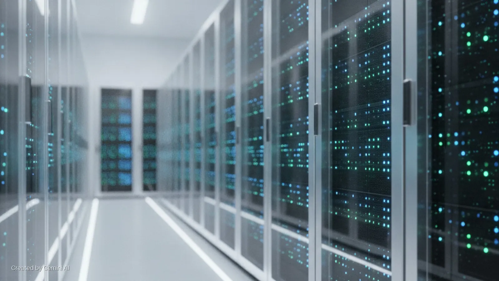 A bright data center aisle is lined with rows of server racks displaying glowing blue and green activity lights, illuminated by overhead artificial lighting.