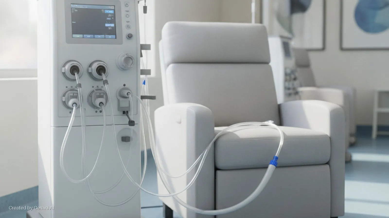 A brightly lit medical room features a white dialysis machine with clear tubing connected to a white recliner chair, with blue abstract artwork hanging on the wall in the background.