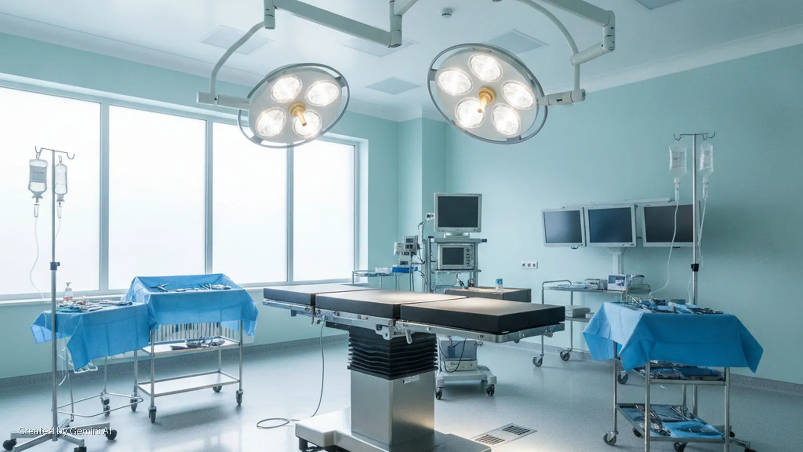 A brightly lit operating room contains a surgical table, two large overhead lights, medical monitors, IV stands, and instrument trays covered with blue drapes on mobile carts, set against large windows.