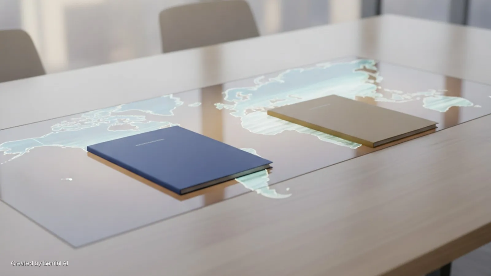 Two closed books, one blue and one gold, lie on a glass panel with a glowing world map embedded in a light wooden conference table in a brightly lit room.