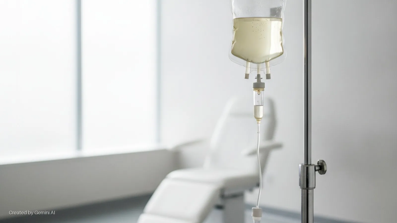 A clear IV bag filled with a yellowish liquid hangs from a metal IV stand in a brightly lit, sterile medical room with a white examination chair in the blurred background.
