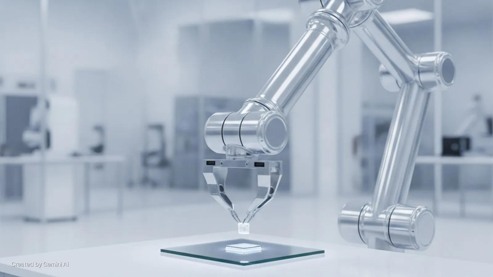 A metallic robotic arm's gripper precisely places a small, square component onto an illuminated glass plate with a larger integrated circuit in a bright, futuristic cleanroom.