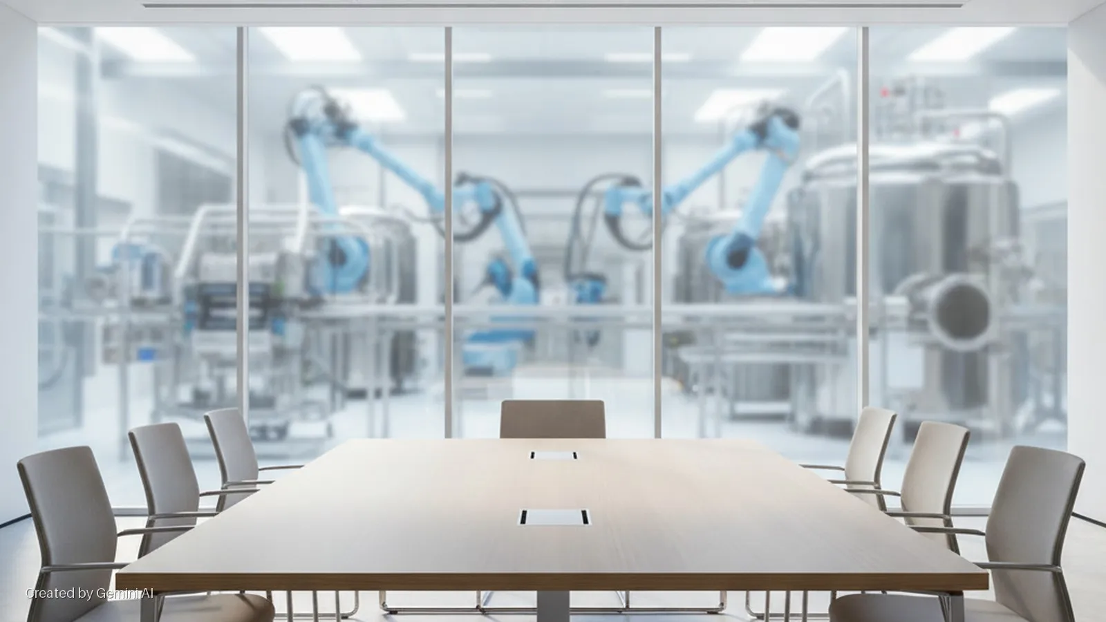 Bright, modern conference room with a long wooden table and grey chairs facing large glass windows revealing a blurred industrial facility with multiple blue robotic arms and processing tanks.