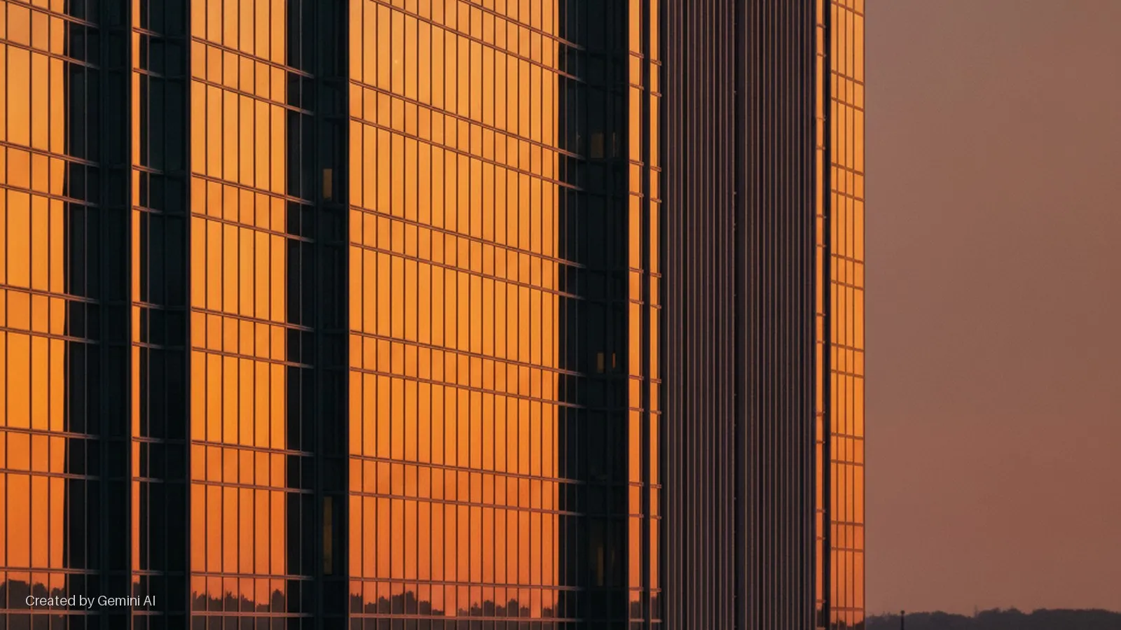 A building with a reflective orange glass facade and a dark, ridged side is bathed in golden hour light against a warm, clear sky.