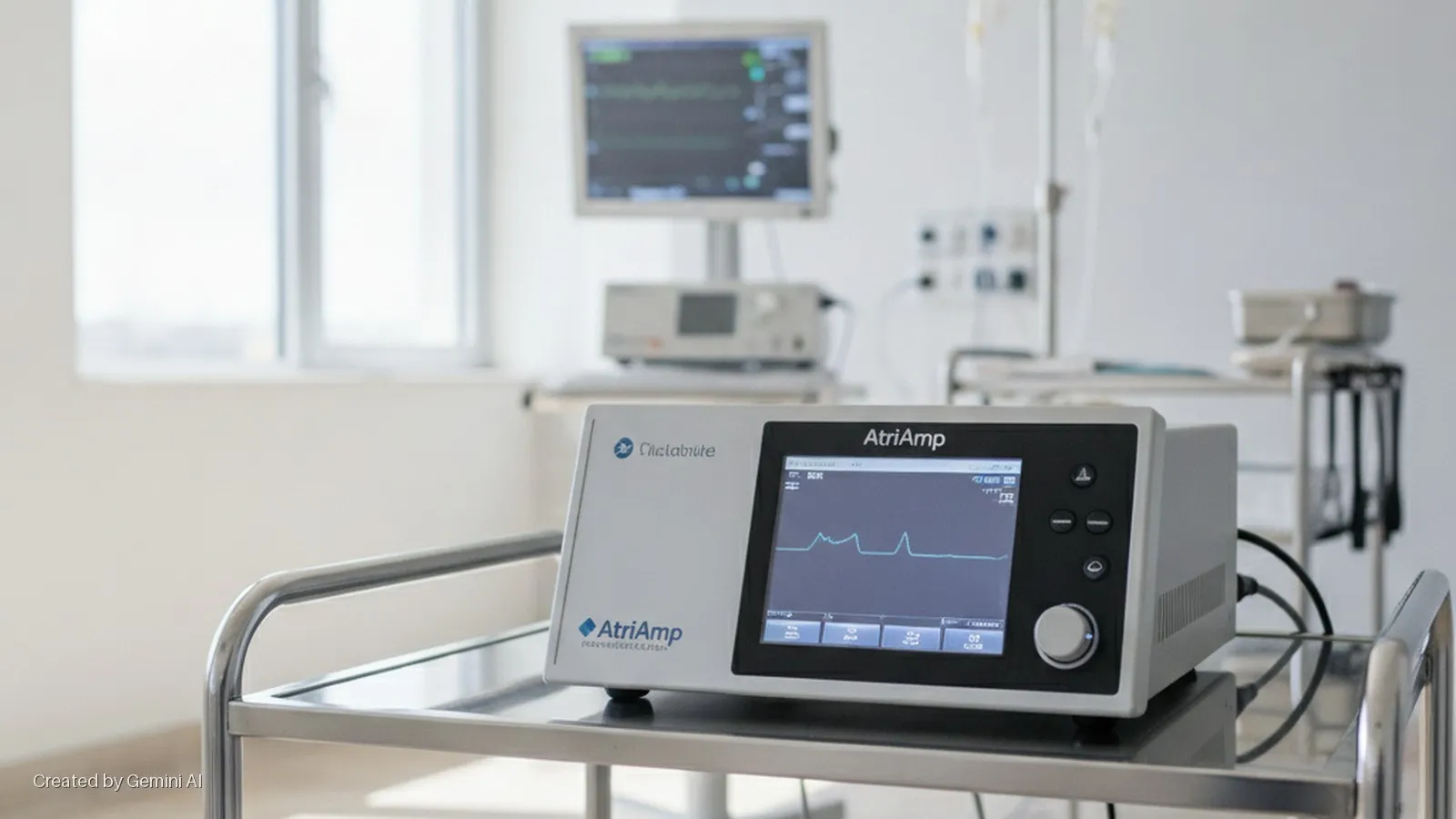 A white AtriAmp medical device on a metal cart is positioned in a brightly lit medical room with a monitor and IV pole in the background.