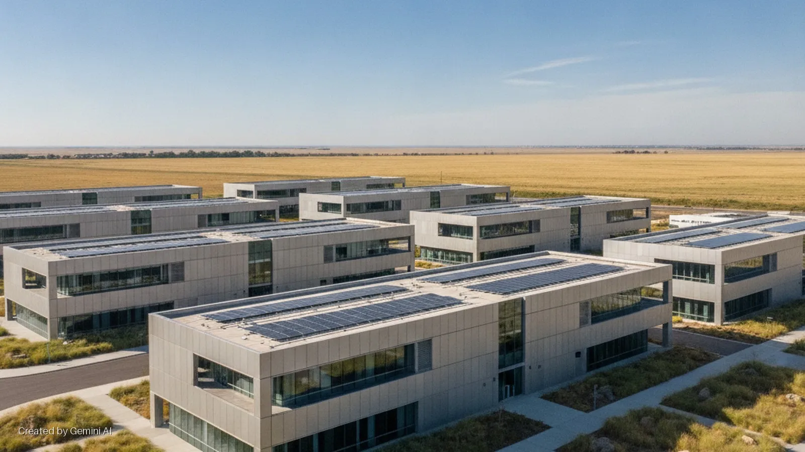 A series of modern concrete buildings with rooftop solar panels are arranged in a campus-like setting, bordered by vast golden fields under a clear blue sky and bright daylight.