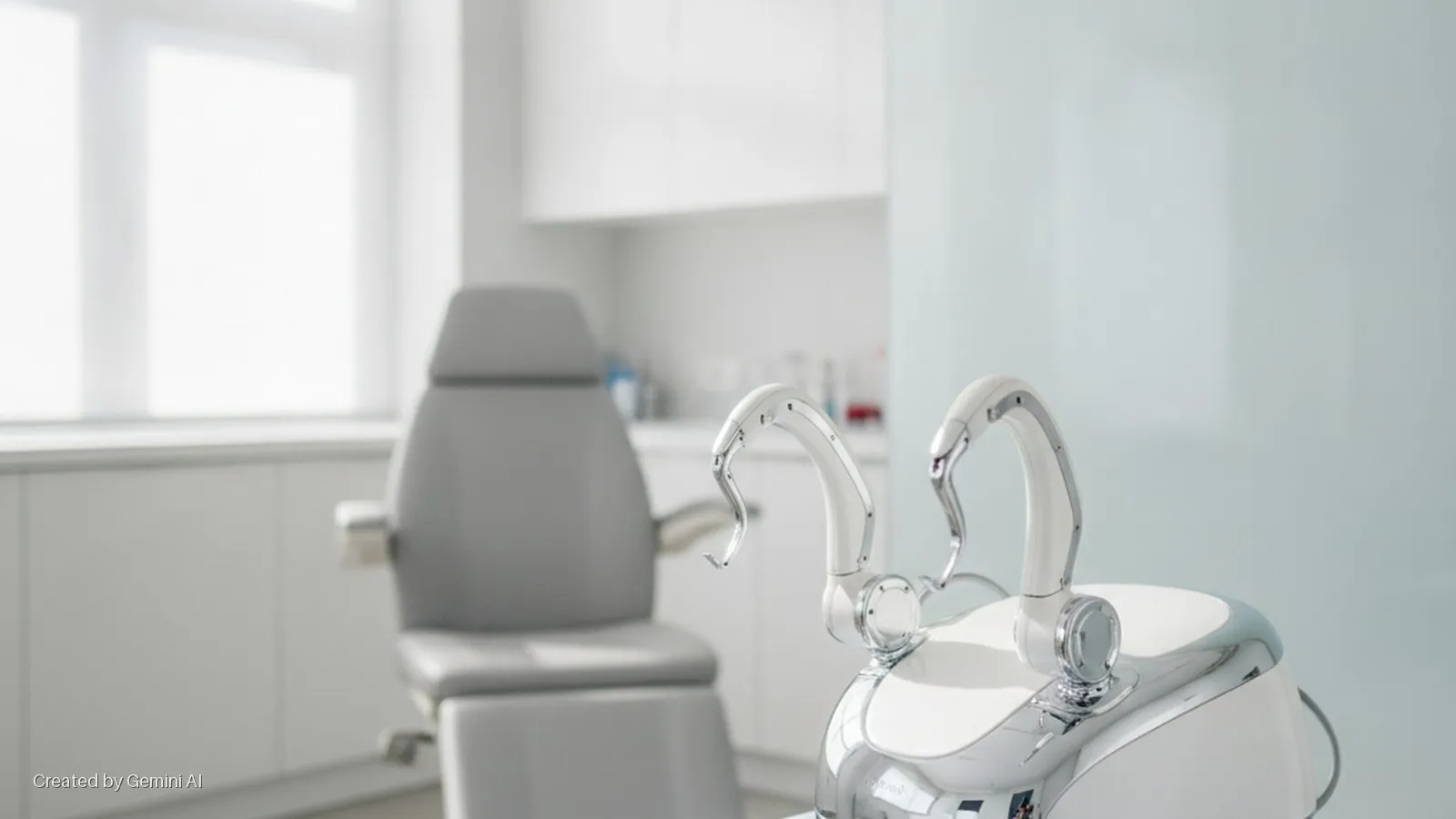A brightly lit, clean medical or dental treatment room features a gray examination chair and a modern white and chrome medical device with curved arms in the foreground.