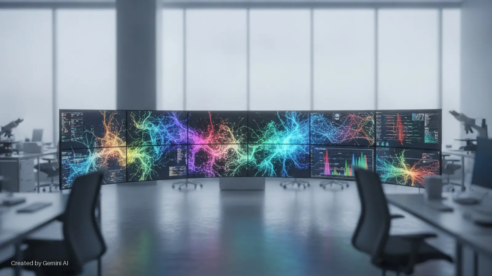 A brightly lit, modern laboratory or office features a curved twelve-panel monitor display showing colorful, intricate data network visualizations and analytical charts, flanked by desks with microscopes and office chairs.