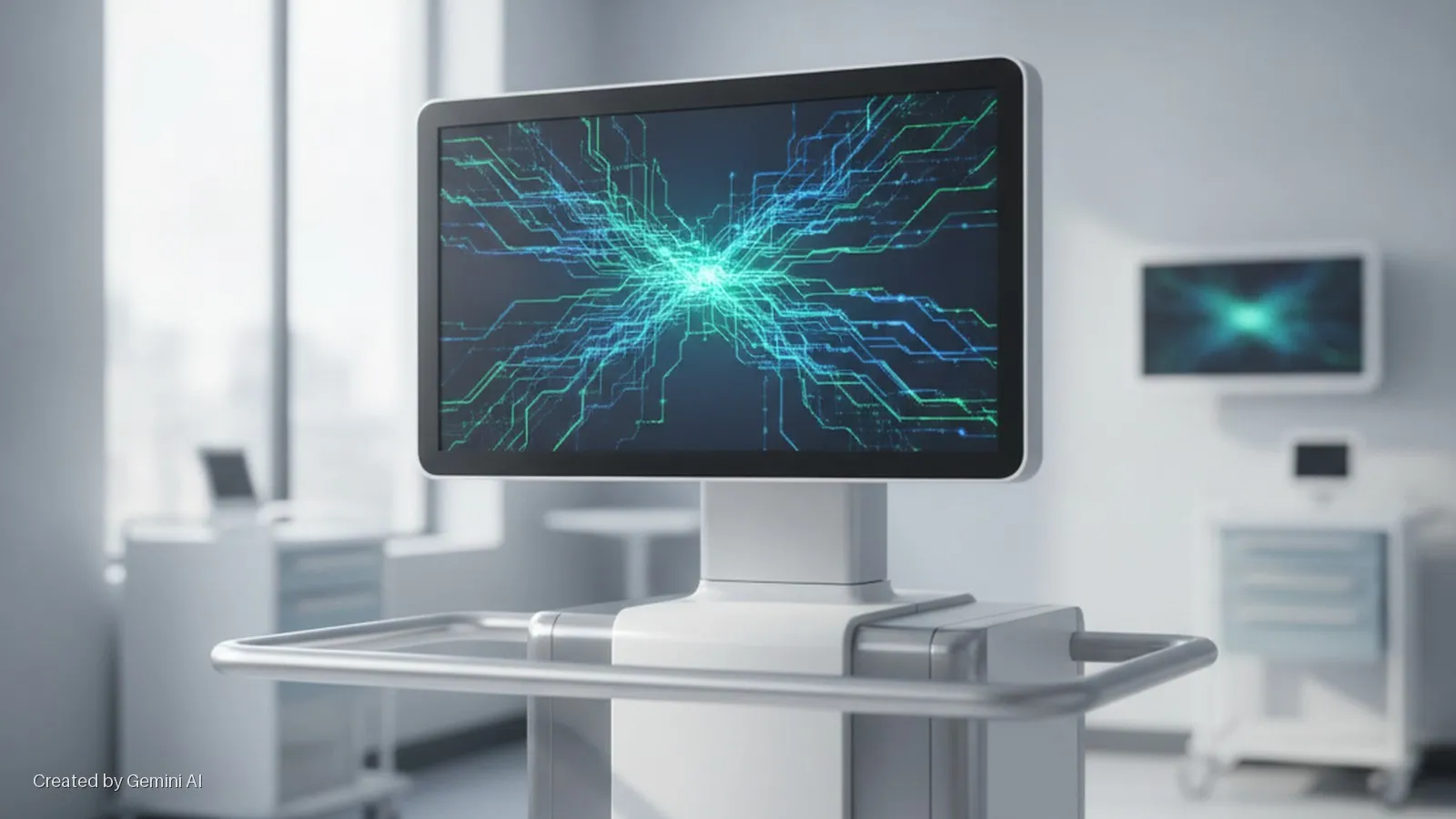 A monitor displaying a glowing green and blue circuit-like pattern sits on a mobile cart in a brightly lit, modern medical or tech facility with other equipment in the background.