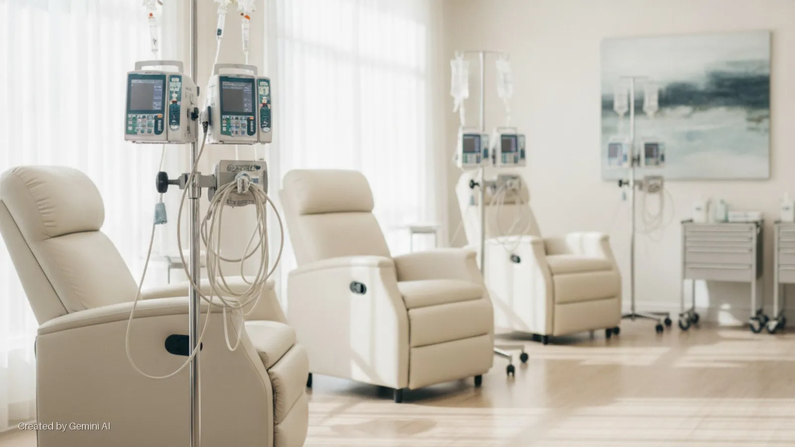 A bright medical infusion room features several beige recliner chairs, IV stands with infusion pumps and bags, and medical supply carts, illuminated by soft natural light from a large window.