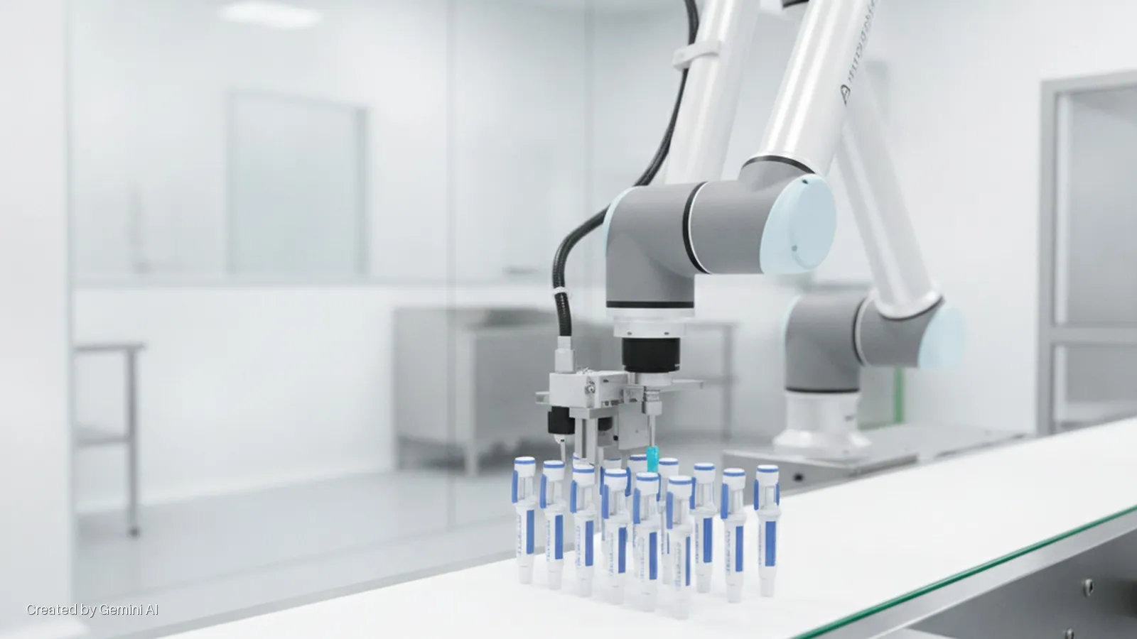 A white and grey robotic arm places a light blue cap on one of several vials arranged on a white conveyor belt in a brightly lit, sterile laboratory.
