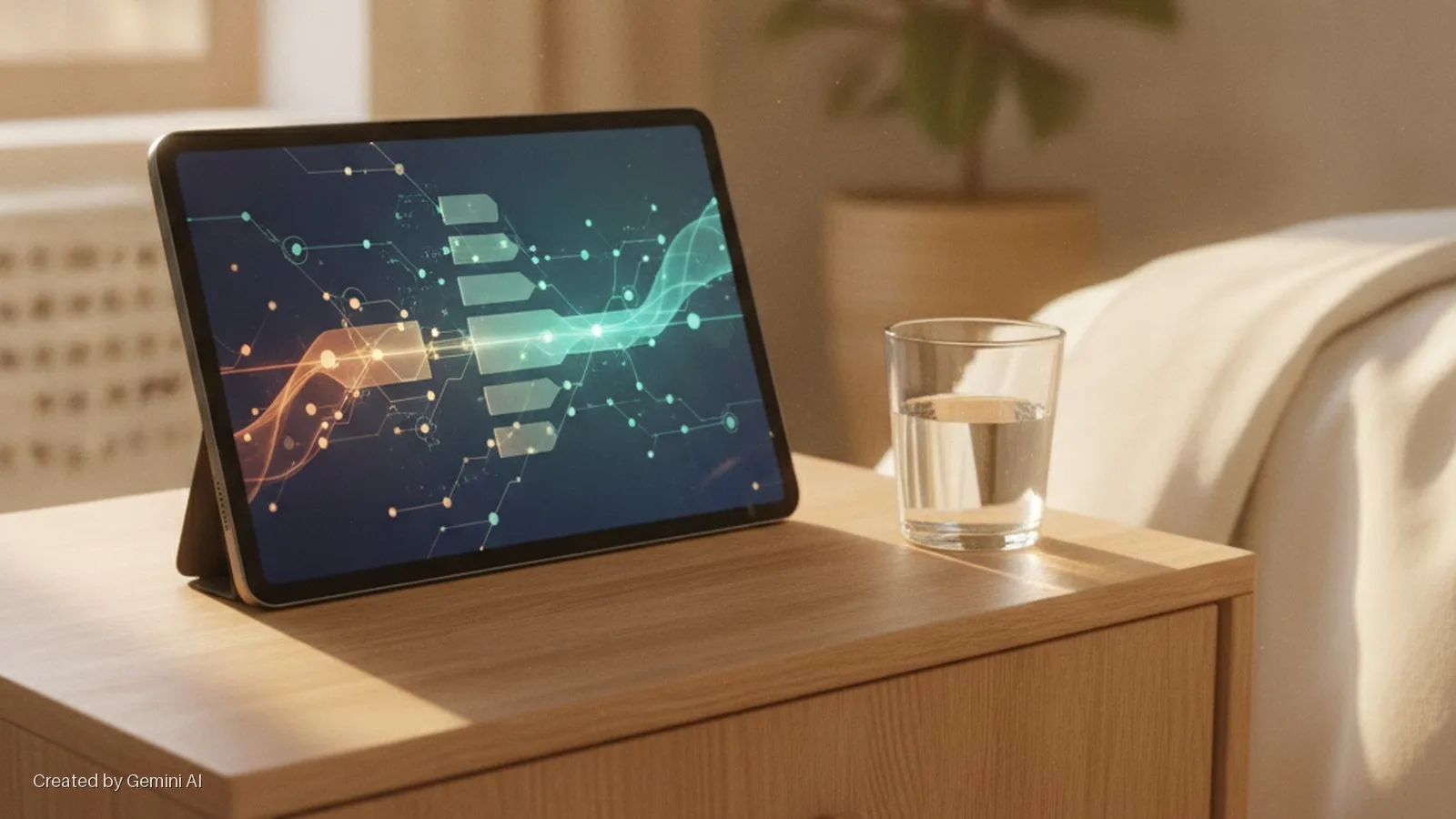 A tablet displaying a vibrant digital network graphic sits on a wooden nightstand next to a glass of water, bathed in warm sunlight beside a bed.