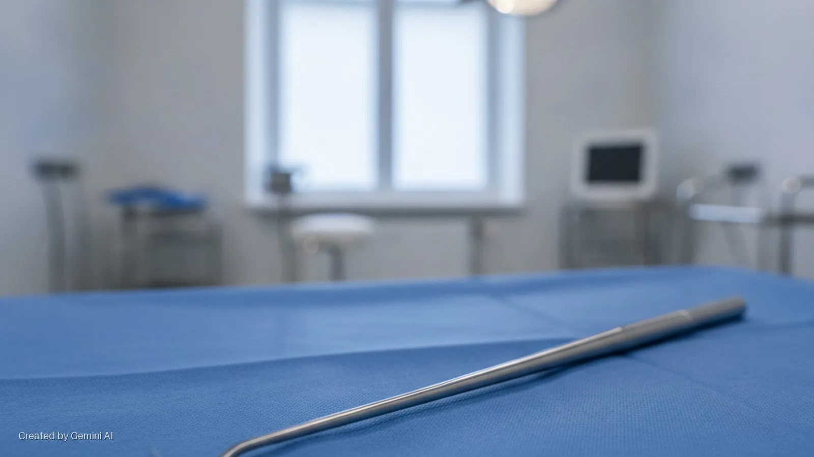 A sterile metallic surgical instrument lies on a blue medical drape, with a brightly lit operating room featuring a large window and blurred medical equipment in the background.