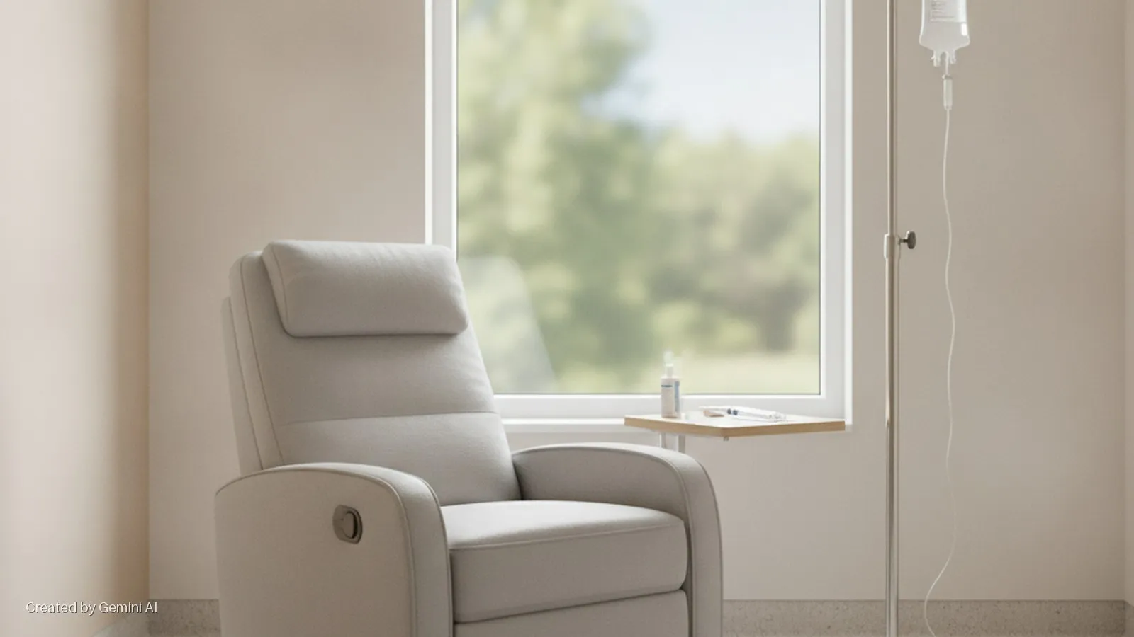 A brightly lit room features a light gray recliner chair, an IV pole holding a fluid bag, and a small side table positioned next to a window with a blurred view of green foliage.